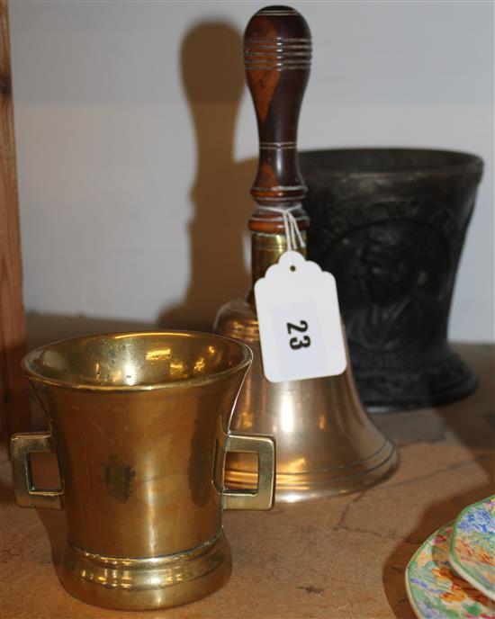 2 Mortars, 1 brass and the other dated, and a hand bell